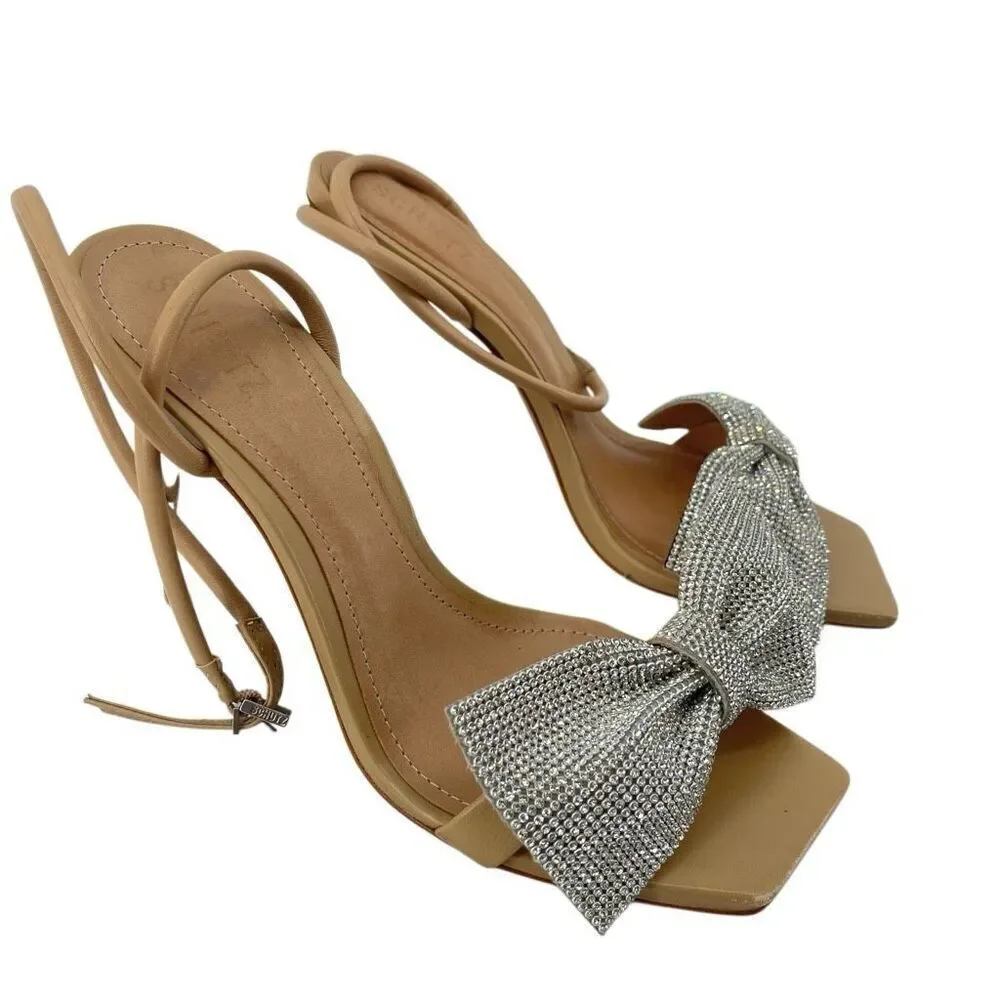 Schutz Mila Glam Heels 9.5 Rhinestone Bow 4” Heel Ankle Strap Square Toe